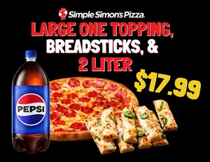 Large 1-topping pizza, Breadsticks, 2 Liter Soda